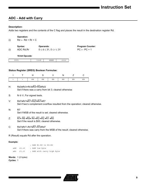 AVR Instruction Set Nomenclature: Status Register (SREG ...