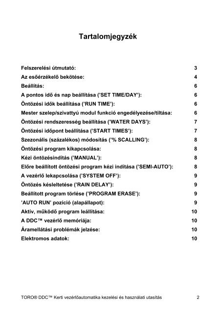 Toro DDC vezérlő magyar nyelvű leírása
