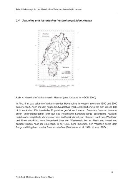 Artenhilfskonzept für das Haselhuhn (Tetrastes bonasia) in Hessen