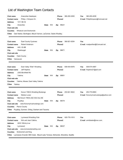 List of Club Contacts - Washington State Wrestling Association