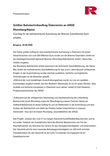 Größter Bahntechnikauftrag Österreichs an ARGE Rhomberg/Alpine