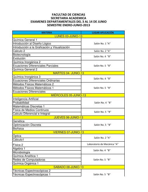 Calendario para la aplicación de exámenes departamentales 2013-1