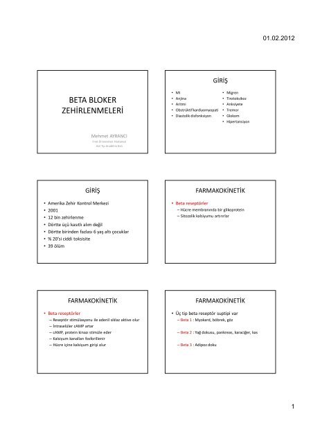 BETA BLOKER ZEHİRLENMELERİ - Fırat Üniversitesi