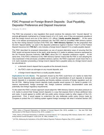 FDIC Proposal on Foreign Branch Deposits - Davis Polk & Wardwell