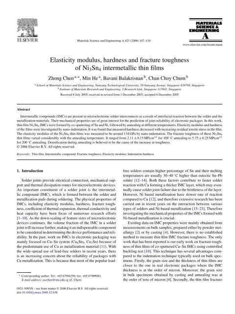 Elasticity modulus, hardness and fracture toughness of Ni3Sn4 ...