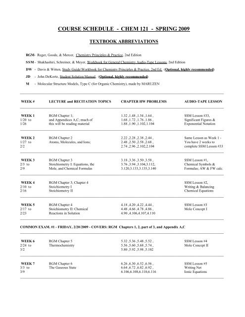 Course Schedule Chem 121 Spring 2009 Njit