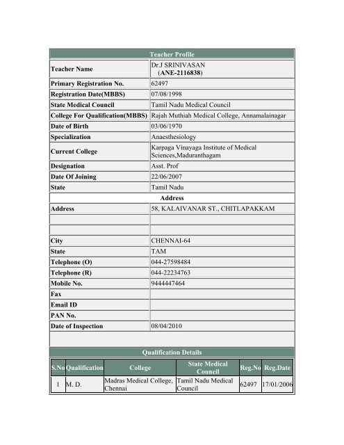 Primary Registration No. 62497 Registration Date(MBBS)