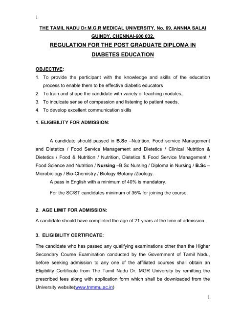 P.G. Diploma in Diabetes Education Regulations - Tamil Nadu Dr ...