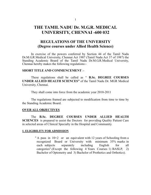 B.Sc. Degree Courses under Allied Health Science Regulations