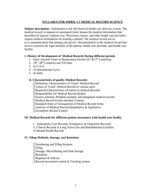 Diploma in Medical Record Science Syllabus 2010-2011