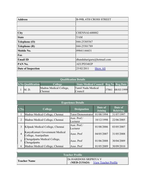 (ANE-2131734) View Teacher Profile Primary Registration No ...