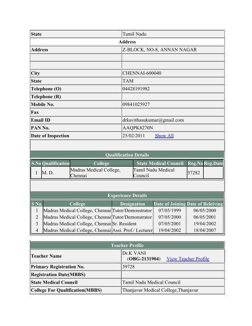 (ANE-2131734) View Teacher Profile Primary Registration No ...