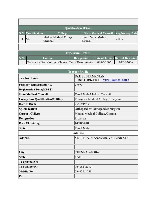 (ANE-2131734) View Teacher Profile Primary Registration No ...