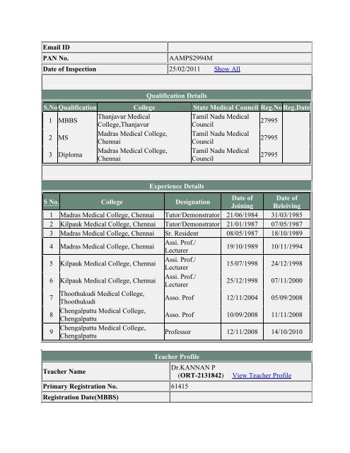 (ANE-2131734) View Teacher Profile Primary Registration No ...