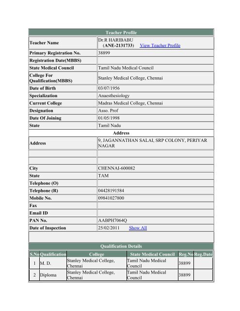 (ANE-2131734) View Teacher Profile Primary Registration No ...