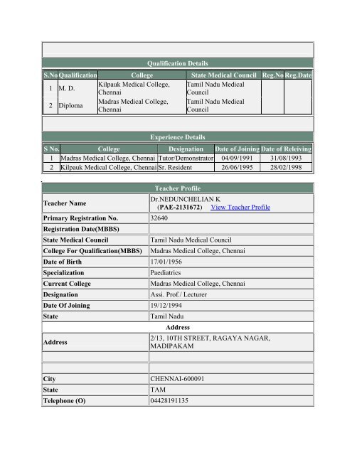 (ANE-2131734) View Teacher Profile Primary Registration No ...