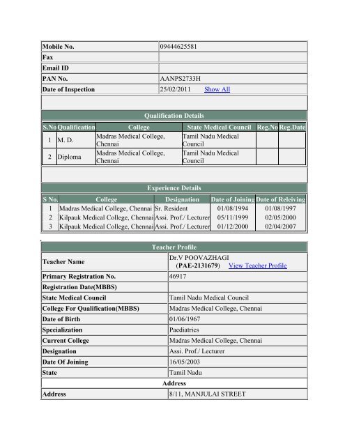 (ANE-2131734) View Teacher Profile Primary Registration No ...