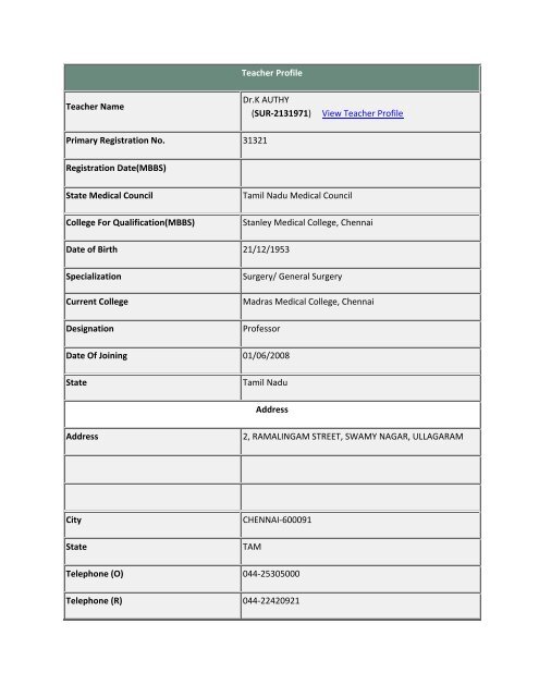 (ANE-2131734) View Teacher Profile Primary Registration No ...