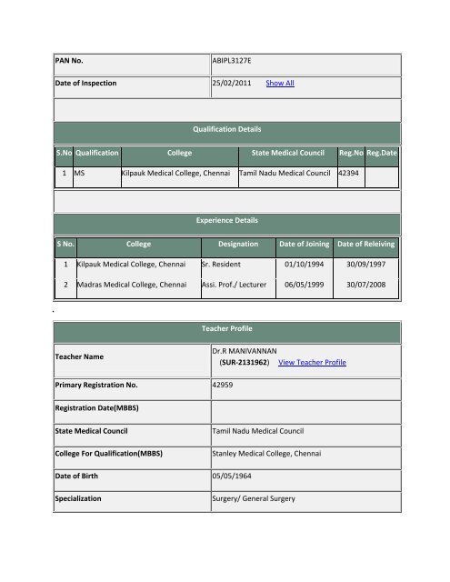 (ANE-2131734) View Teacher Profile Primary Registration No ...