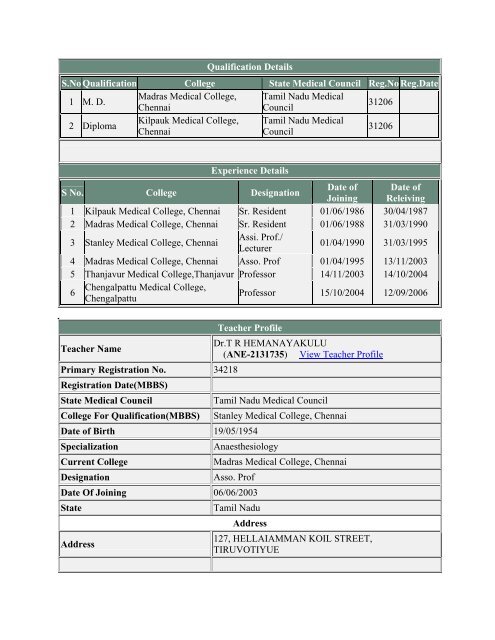 (ANE-2131734) View Teacher Profile Primary Registration No ...