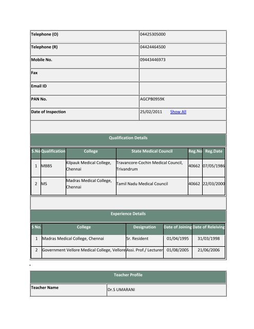 (ANE-2131734) View Teacher Profile Primary Registration No ...