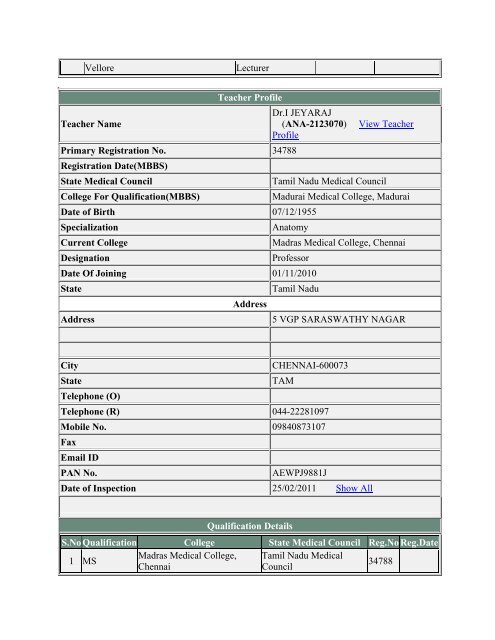 (ANE-2131734) View Teacher Profile Primary Registration No ...