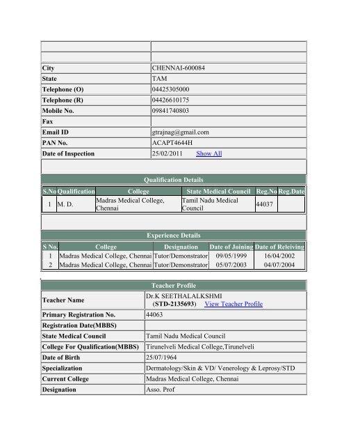 (ANE-2131734) View Teacher Profile Primary Registration No ...