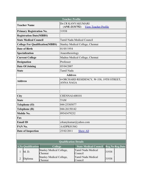 (ANE-2131734) View Teacher Profile Primary Registration No ...