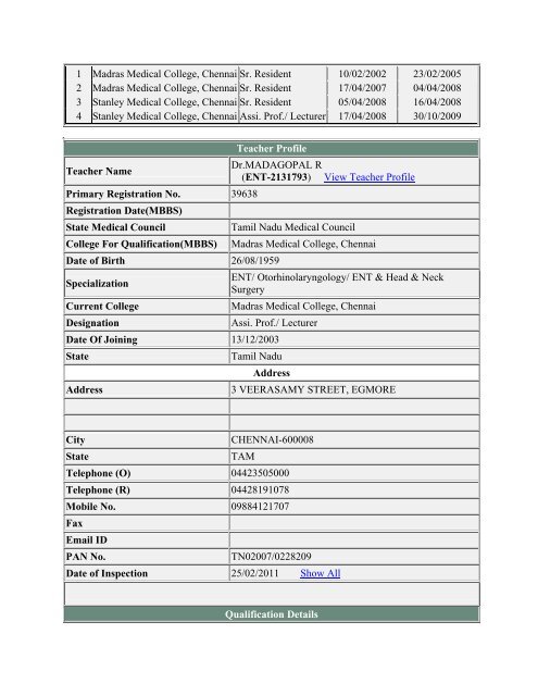 (ANE-2131734) View Teacher Profile Primary Registration No ...