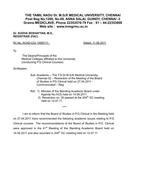Resolutions for PG Clinical - Tamil Nadu Dr. MGR Medical University