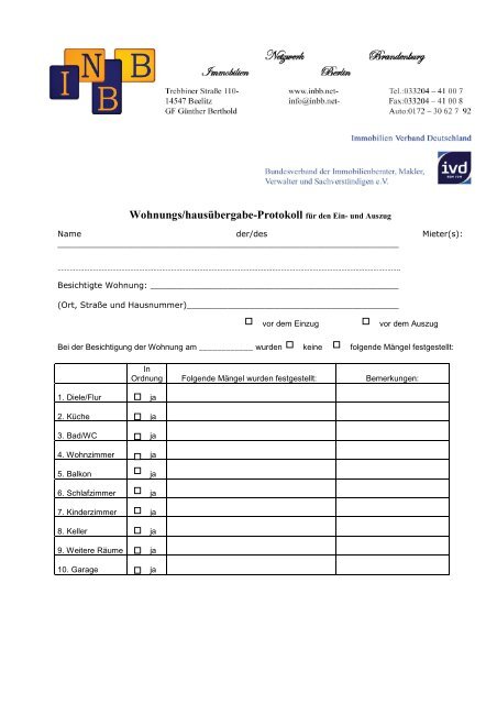 Wohnungs/hausübergabeProtokoll für den Ein und Auszug
