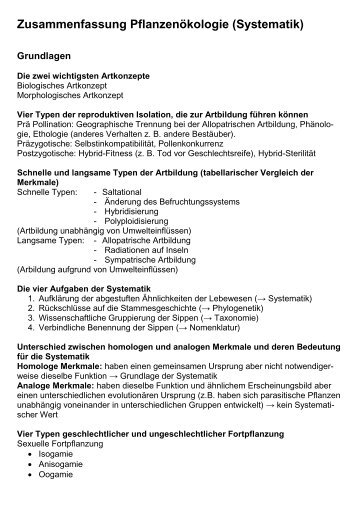 Zusammenfassung Pflanzenökologie (Systematik)