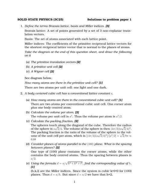 SOLID STATE PHYSICS (3C25) Solutions to problem paper 1 1 ...