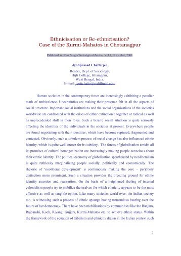Ethnicisation or Re-ethnicisation? Case of the Kurmi-Mahatos in ...