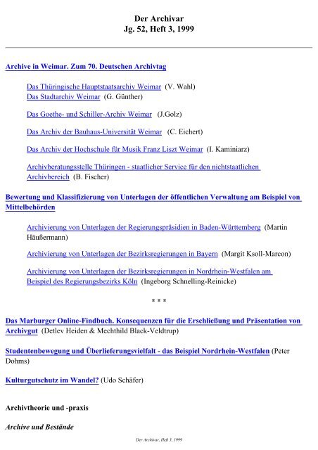 Der Archivar, Heft 3, 1999 - Archive in Nordrhein-Westfalen