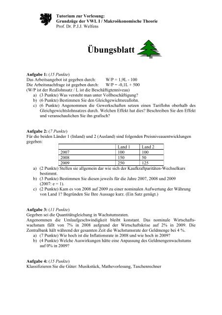 Übungsblatt - Prof. Dr. Paul JJ Welfens