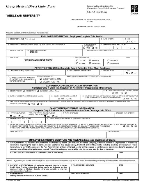 CIGNA Out of Network Claim Form - Wesleyan University