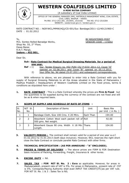 rate contract for surgical bandage - Western Coalfields Ltd. India.