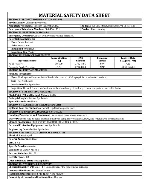 Chlorine Free Bleach MSDS - GreenCupboards