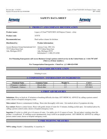 Legacy of Clean™ Kitchen All-Purpose Cleaner - MSDS - Amway