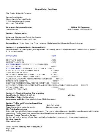 Aussie 12-Hour Hairspray (non-aerosol) MSDS Page 1 of 3 6/27/02 ...