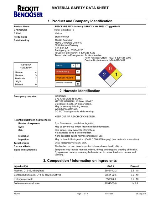 MATERIAL SAFETY DATA SHEET 1. Product ... - Reckitt Benckiser