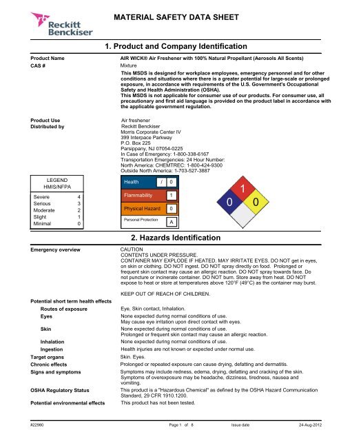 MATERIAL SAFETY DATA SHEET 1. Product ... - Reckitt Benckiser