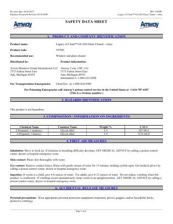 Legacy of Clean™ Glass Cleaner - MSDS - Amway