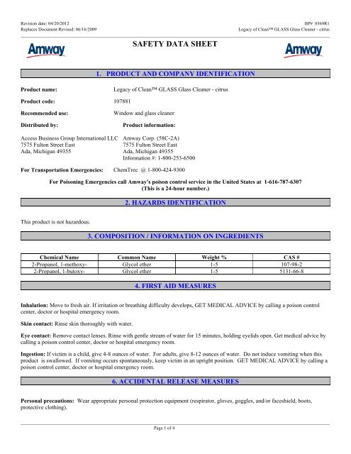 Legacy of Clean™ Glass Cleaner - MSDS - Amway