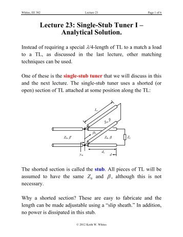 Lecture 23: Single-Stub Tuner I – Analytical Solution.