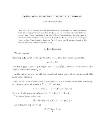 BOURGAIN'S EMBEDDING DISTORTION THEOREM 1. The ...