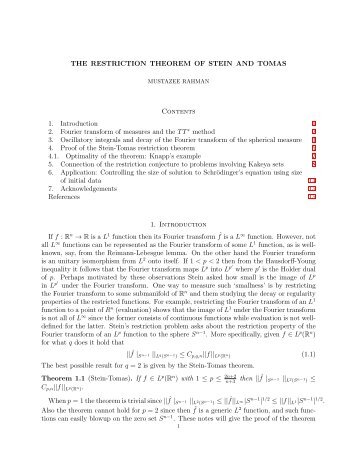 THE RESTRICTION THEOREM OF STEIN AND TOMAS Contents 1 ...