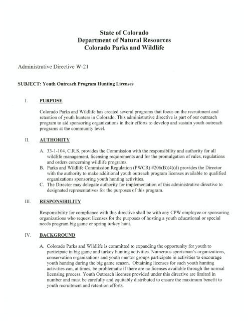 CPW Administrative Directive W-21 - Colorado Division of Wildlife