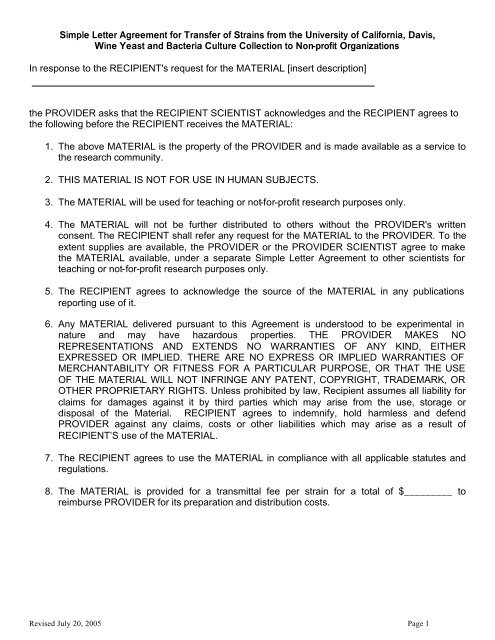 Simple Letter Agreement for Transfer of Strains from the